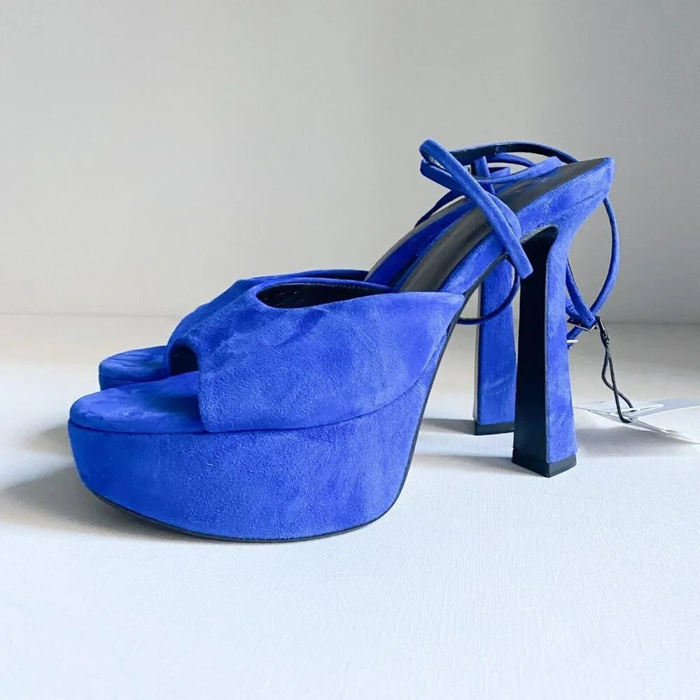 Zara Suede Blue High  Heel Platform Open Tie Tie Ankle Heels 40